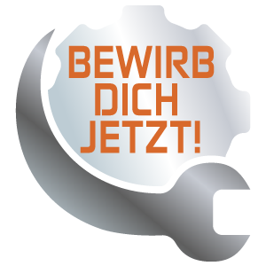 ein Zahnrad mit einem Schraubenschlüssel, der sich um das Zahnrad legt. Auf dem Zahnrad steht "Bewirb dich jetzt!"